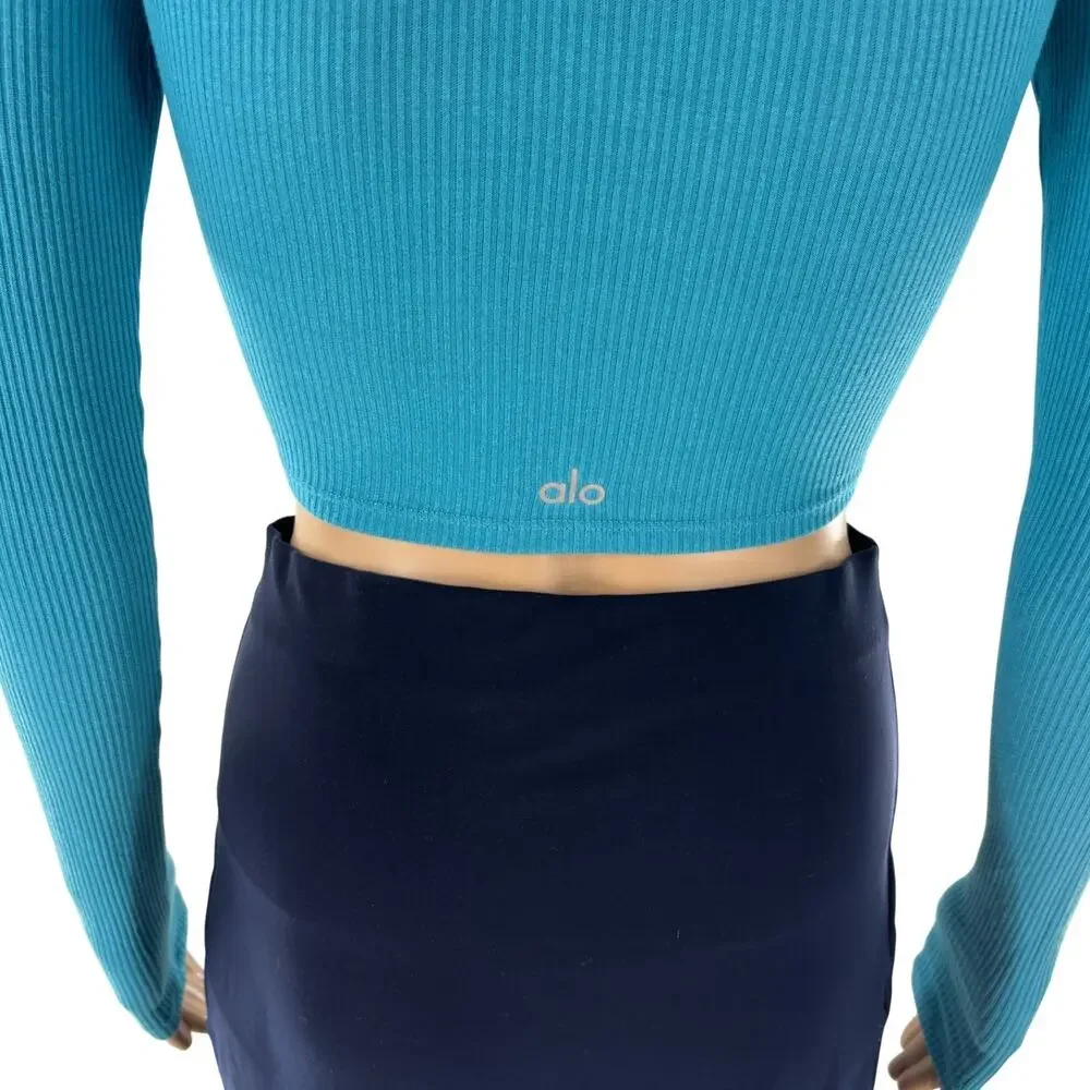 Alo Yoga Blue Ribbed Cinch Ruched Crop Top